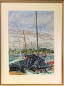 LEONARD RENTON watercolour/mixed media - riverscape with yachting masts etc, initialled and entitled