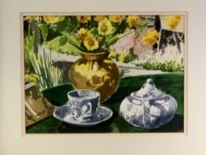 DAVID GROSVENOR watercolour - still life, Willow teaware and a vase with flowers on a table,