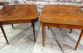 TWO EARLY 19TH CENTURY MAHOGANY GATELEG FOLDOVER TEA TABLES, one with boxwood line inlay, 92cms wide