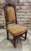 ANTIQUE CARVED OAK SIDE CHAIR, later floral upholstery