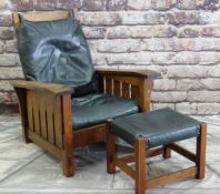 WARREN HILE OAK MISSION STYLE ARMCHAIR & STOOL, with slatted sides and reclining back, black leather