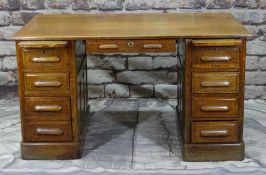 1930s OAK PEDESTAL DESK, fitted with slides and drawers to each plinth, panelled sides and front,