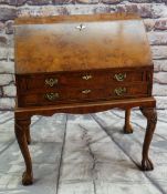 QUEEN ANNE-STYLE POLLARD OAK & BURR WALNUT CROSSBANDED BUREAU, angled fall enclosing fitted