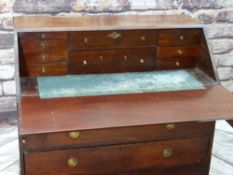 ANTIQUE MAHOGANY BUREAU, later angled fall enclosing a fitted interior of drawers above