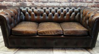 REPRODUCTION VICTORIAN-STYLE BROWN LEATHER CHESTERFIELD SOFA, three loose seat cushions, close