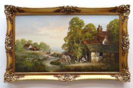 RONALD HORSEWELL (b.1934) oil on canvas - Carthorse, Puppies and Children, a farm with figures