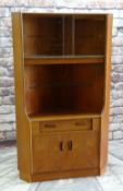 G-PLAN TEAK STANDING CORNER CABINET with sliding glass doors above shelf, draw and cupboard base.