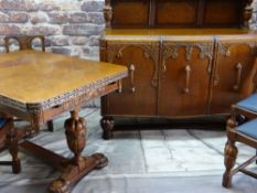 ELIZABETHAN-STYLE GOLDEN OAK DINING SUITE, comprising draw leaf dining table, with moulded edge,