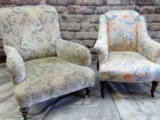 TWO VICTORIAN EASY CHAIRS, one with pink floral printed fabric, the other green and caramel velure