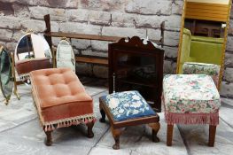 ASSORTED OCCASIONAL FURNITURE, including three footstools, dressing table triple mirror, narrow wall