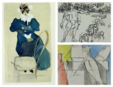 JACQUES VILLON (French,1875-1963) three prints: (i) lady in blue dress, 23 x 13cms; (ii) colour