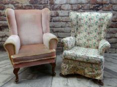 TWO EASY WING-BACK ARMCHAIRS, both with scrolled arms, cabriole feet, one pink velure upholstery,