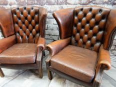 PAIR MODERN GEORGIAN STYLE LEATHER WINGBACK ARMCHAIRS, button upholstered brown leather, close