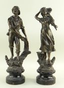 PAIR FRENCH PATINATED SPELTER FIGURES, of fisherman and cockle woman, on ebonised plinths, 38cms