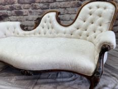 GOOD VICTORIAN CARVED WALNUT CHAIR BACK CHAISE LONGUE, with buttoned ivory damask upholstered