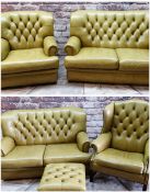 VICTORIAN-STYLE LEATHER SOFA SUITE, button upholstered mustard leather with scroll arms, loose