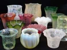 ASSORTED ANTIQUE GLASS LIGHT SHADES, including set of three green vaseline shades (14)