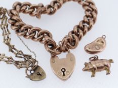 GOLD JEWELLERY comprising 9ct gold curb link bracelet with heart shaped padlock, two 9ct gold