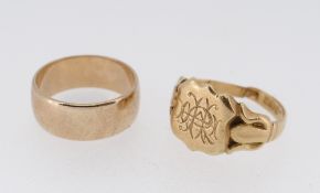 GOLD RINGS comprising 9ct gold wedding band, ring size R, 6.1gms, together with 18ct gold signet