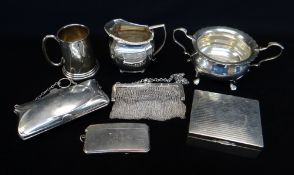 ASSORTED SILVER ITEMS, including milk jug, Christening mug, sugar basin with loop handles, calling