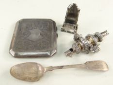 ASSORTED SILVER comprising scroll engraved cigarette case, miniature silver Gothic throne, London