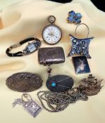 ASSORTED SILVER comprising silver fancy fob watch, silver vesta case, Siam sterling pendant and