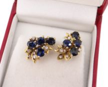 PAIR OF 18CT GOLD SAPPHIRE & DIAMOND EARRINGS, of naturalistic design, each with four sapphires