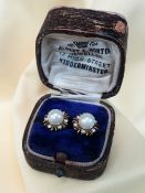 9CT GOLD PEARL & DIAMOND EARRINGS, of flower head design, 3.5gms, in Albert Horton of