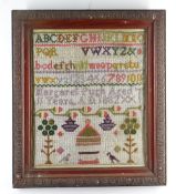 LATE VICTORIAN NEEDLEWORK ALPHABET SAMPLER, by Margaret Pugh aged 11, dated 1882, 34 x 30cms.