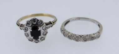 18CT WHITE GOLD SEVEN STONE DIAMOND RING together with sapphire and diamond yellow metal cluster