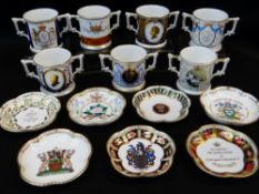 MODERN ROYAL CROWN DERBY BONE CHINA LOVING CUPS & PIN DISHES, comprising seven loving cups, mostly