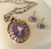 9CT GOLD PALE AMETHYST PENDANT on 9K gold chain together with pair of yellow metal amethyst