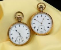 TWO GOLD PLATED DENNISON OPEN FACED POCKET WATCHES, both with subsidiary seconds dials (2)