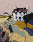 GWILYM PRICHARD oil on canvas - whitewashed farms and figure under pink sky, entitled 'Y Parrog',