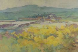 AUDREY HIND oil on board / card - Ynys Mon landscape with farm, entitled verso 'Cemlyn', signed,