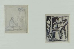 SIR FRANK BRANGWYN RA two pencil sketches - man working at press and another, both 6 x 5cms