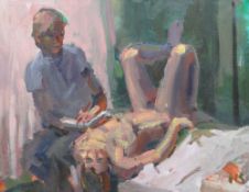 KEVIN SINNOTT oil on canvas - artist sketching a reclining nude model, signed with initials, 56 x