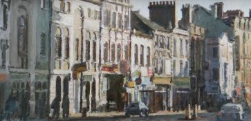 MARK SAMUEL oil on panel - Cardiff street scene, Castle Street looking towards The Angel Hotel,