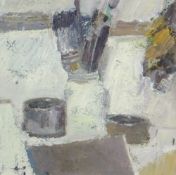 GORDON STUART oil on board - still life of brushes in a pot, entitled verso 'Studio Pots', dated