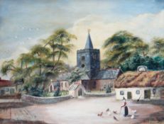 ALFRED WORTHINGTON oil on board - primitive school, historic view of Llanbadarn Church near