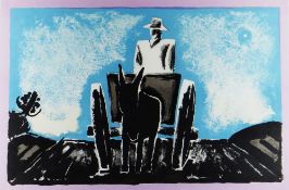 JOSEF HERMAN OBE RA limited edition (9/100) colour print - crop-field with figure in cart pulled