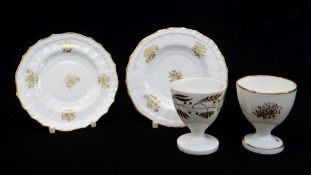 A PAIR OF SWANSEA PORCELAIN EGG CUP PLATES & MATCHING EGG CUP & ANOTHER non-matching egg-cup, the