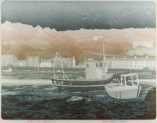 BERNARD GREEN limited edition (8/55) linocut print - entitled 'Boats at Lower Fishguard', signed, 37
