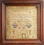 19TH CENTURY NEEDLEWORK SAMPLER BY JANE JONES, AGED 12, DATED 1843, CARNARVON, 32 x 30cms