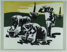 JOSEF HERMAN OBE RA limited edition (104/150) colour print - three cockle-picker figures and
