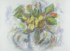 WILL ROBERTS mixed media / pastel - still life of mixed flowers in a squat jug, signed with