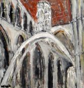 MATT STEELE mixed media on canvas - interior of Llandaff cathedral with Jacob Epstein's 'Christ in