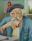 EDWARDS watercolour - portrait of Augustus John in old age, with beret, pipe and a portrait on an