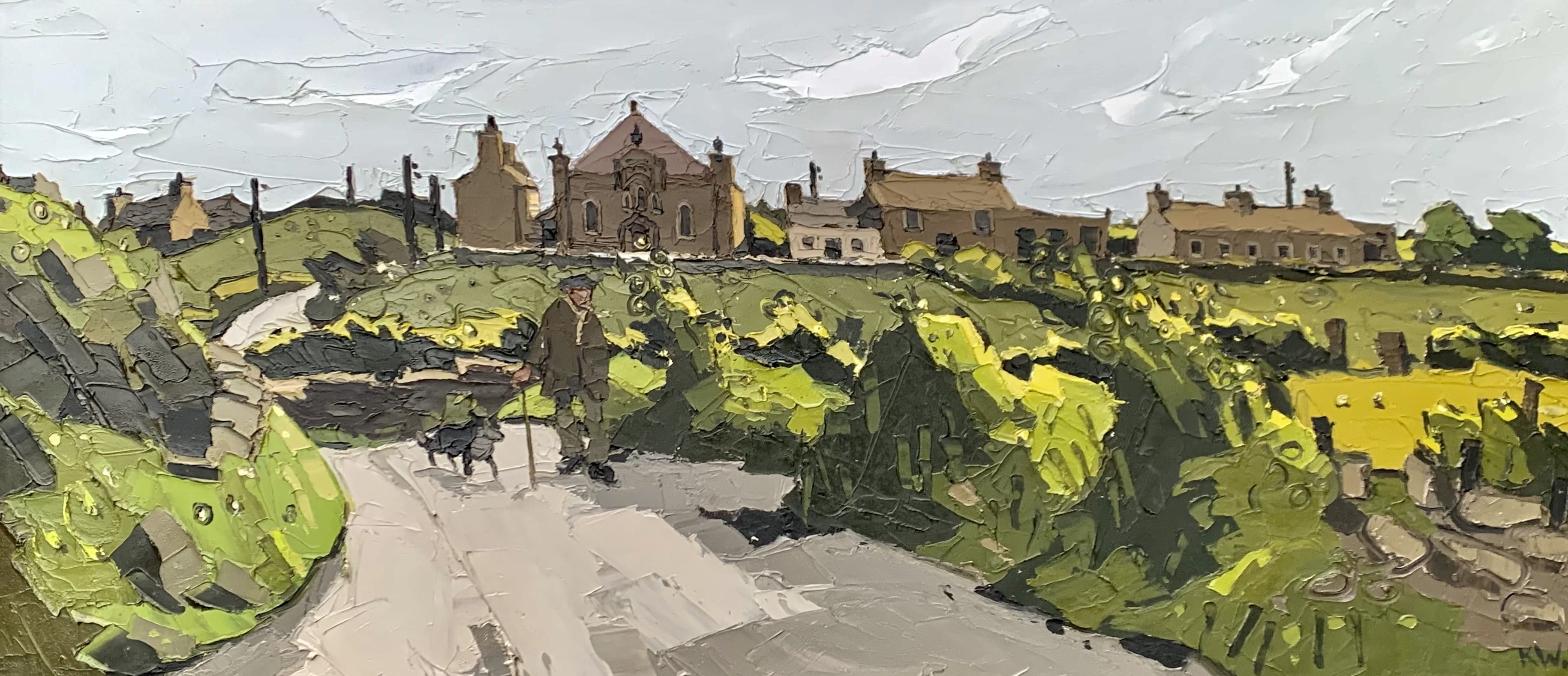 SIR KYFFIN WILLIAMS RA oil on canvas - Ynys Mon (Anglesey) landscape with farmer and dog walking