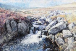 KEITH BOWEN mixed media on board - Afon Eigiau rapids, Eryri, signed, with original Oriel Tegfryn